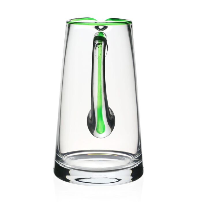 The Siena Pitcher Collection by William Yeoward Crystal features a clear glass design with a green handle, bringing color to any setting. Proposition 65 warning: this product may expose you to chemicals known to the State of California.