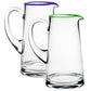Two clear pitchers from the Siena Pitcher Collection by William Yeoward Crystal, one with a green rim and one with a purple rim, add a pop of color on a white background. Proposition 65 warning may apply.