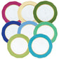 Eight Herend Silk Ribbons Charger plates with scalloped edges, each rimmed in a different color, are arranged in an overlapping pattern for a vibrant, handmade porcelain tabletop display.