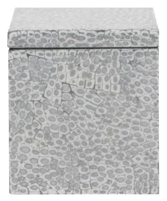 A square storage box with a hinged lid, featuring an elegant gray and white mosaic pattern from Pigeon & Poodle’s Callas Bath Collection.