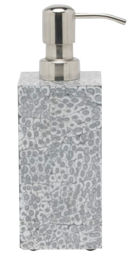 Square soap dispenser from the Callas Bath Collection by Pigeon & Poodle, featuring a metallic pump and gray patterned base with elegant mosaic-inspired design, shown against a plain white background.