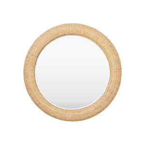 The Yuri Rattan Mirror by Made Goods features a round, handwoven rattan frame in light tan with wide, textured detailing, displayed on a plain white background.