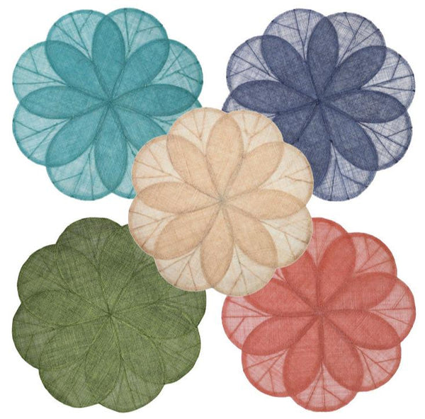 A set of four Deborah Rhodes Sinamay Flower Placemats in teal, blue, beige, and green are elegantly displayed against a white backdrop, featuring intricate patterns crafted from abaca fibers.