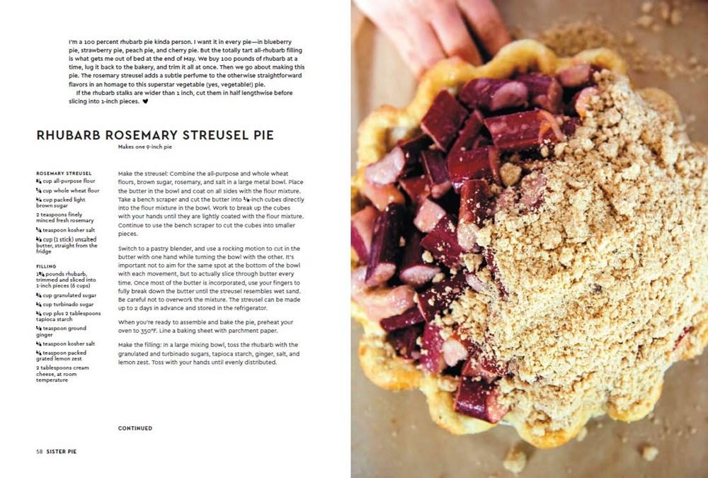 An open copy of Penguin Random House’s Sister Pie cookbook displays a rhubarb rosemary streusel pie recipe on the left page and a photo of an unbaked crumb-topped pie on the right—just as you’d see at Detroit’s acclaimed shop known for creative pies.