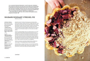 An open copy of Penguin Random House’s Sister Pie cookbook displays a rhubarb rosemary streusel pie recipe on the left page and a photo of an unbaked crumb-topped pie on the right—just as you’d see at Detroit’s acclaimed shop known for creative pies.