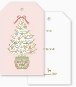 Two Famille Rose Medallion Tree Gift Tags: one light pink featuring a hand-drawn Christmas tree in a patterned pot, and one white with “To:” and “From:” fields.