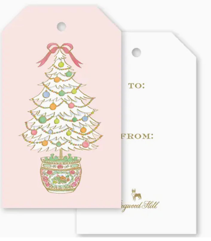 Two Famille Rose Medallion Tree Gift Tags: one light pink featuring a hand-drawn Christmas tree in a patterned pot, and one white with “To:” and “From:” fields.