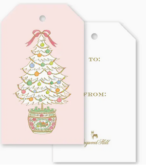 Two Famille Rose Medallion Tree Gift Tags: one light pink featuring a hand-drawn Christmas tree in a patterned pot, and one white with “To:” and “From:” fields.