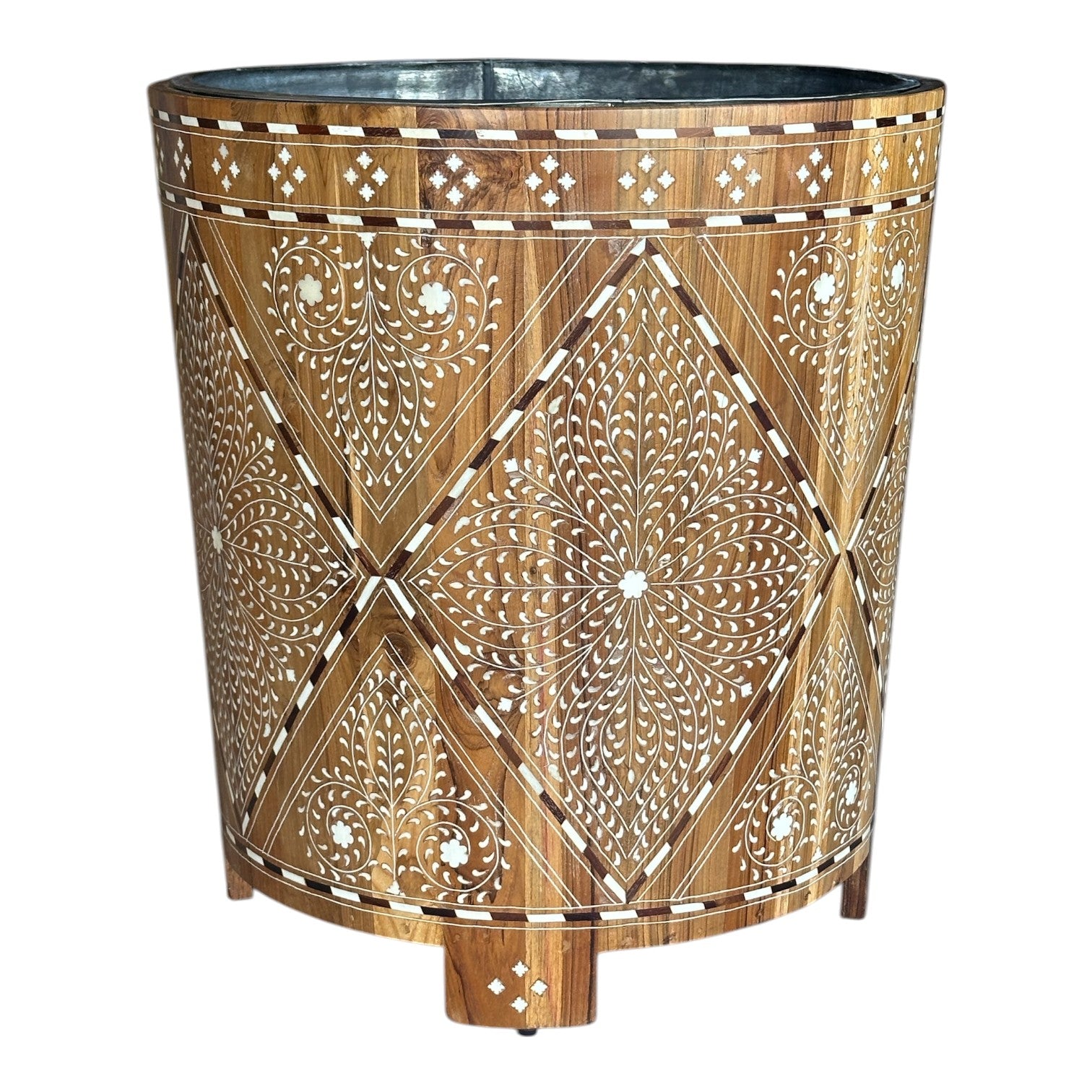 The Bojay Large Wood and Bone Planter showcases intricate white floral bone inlay on wood, with a round tapered shape and four short legs for an elegant touch.