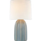 The Melanie Large Table Lamp Collection by Visual Comfort features a rounded blue ceramic base with vertical ridges and a large white cylindrical fabric shade.