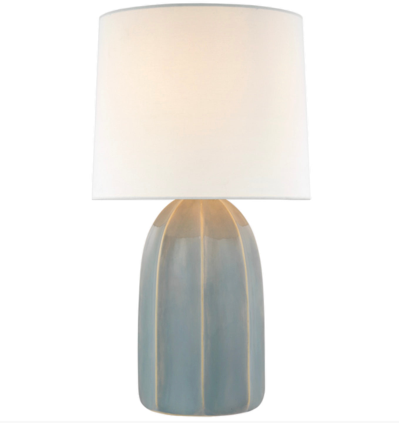 The Melanie Large Table Lamp Collection by Visual Comfort features a rounded blue ceramic base with vertical ridges and a large white cylindrical fabric shade.