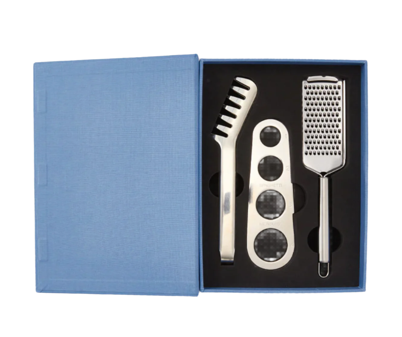 A blue box from PrintWorks holds the Pasta Tool Set—three essential stainless steel tools for pasta making, including a rasp, file, and cutter—neatly arranged in a foam insert.