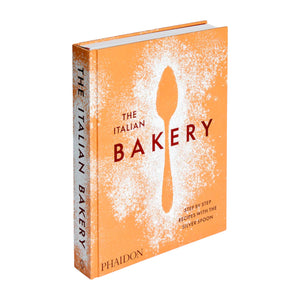A hardcover copy of "The Italian Bakery" by Phaidon, with an orange cover and spoon silhouette—ideal for fans of classic Italian bakery and authentic patisserie recipes.
