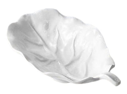 White ceramic dish from the Beatriz Ball Vida Lettuce Serveware Collection, designed with textured veins and a curved edge, photographed on a plain white background.
