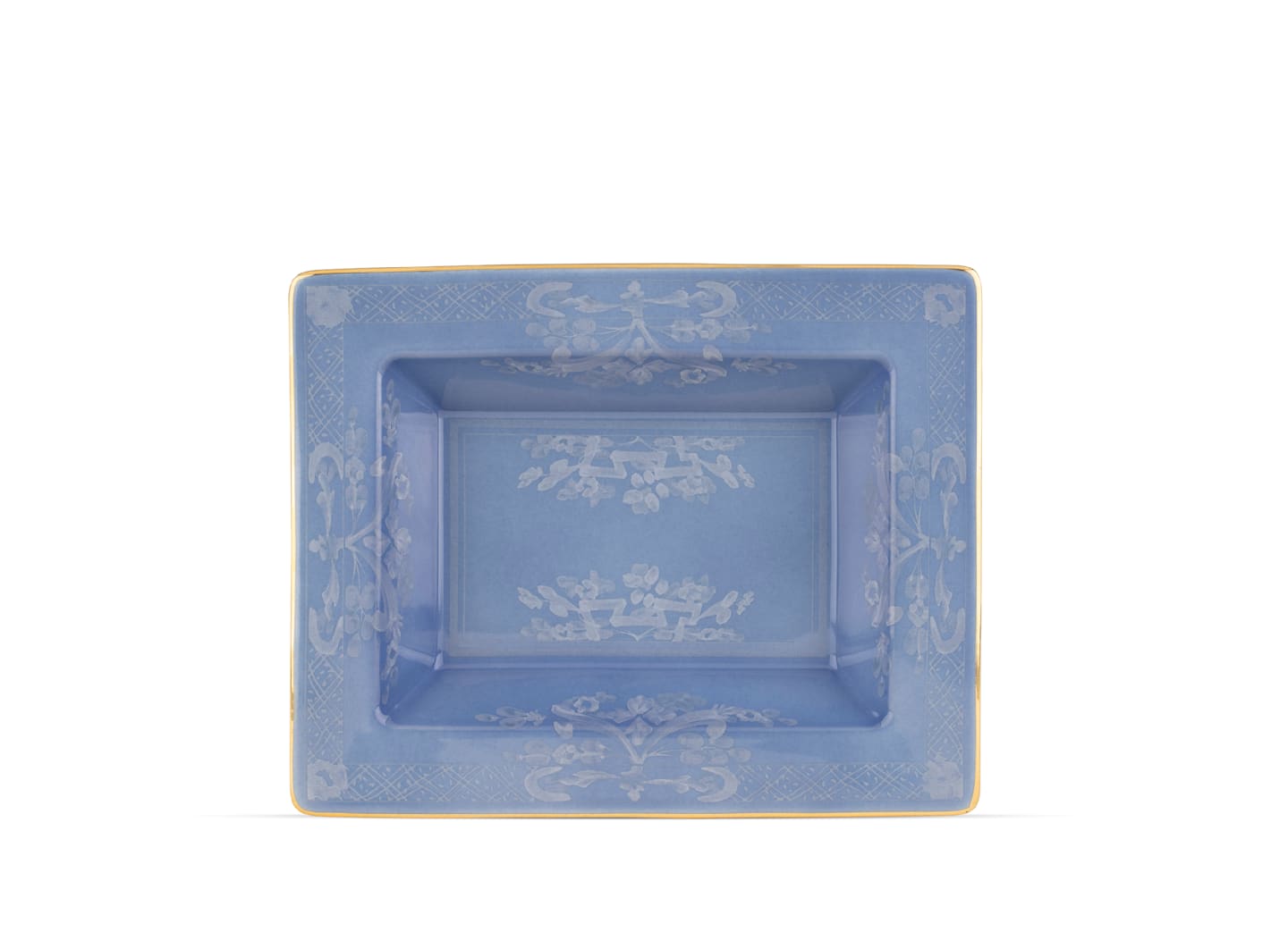 The Oriente Italiano Pervinca dinner plate by Ginori 1735 features square blue porcelain with white floral motifs and a gold rim, shown from above on a white background. Part of the Serveware & Decor Collection.