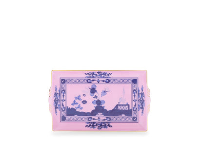 The Ginori 1735 Oriente Italiano Azalea tray features pink edges, a blue floral and landscape center, decorative borders, and side handles—a stylish accent from the serveware & decor collection.