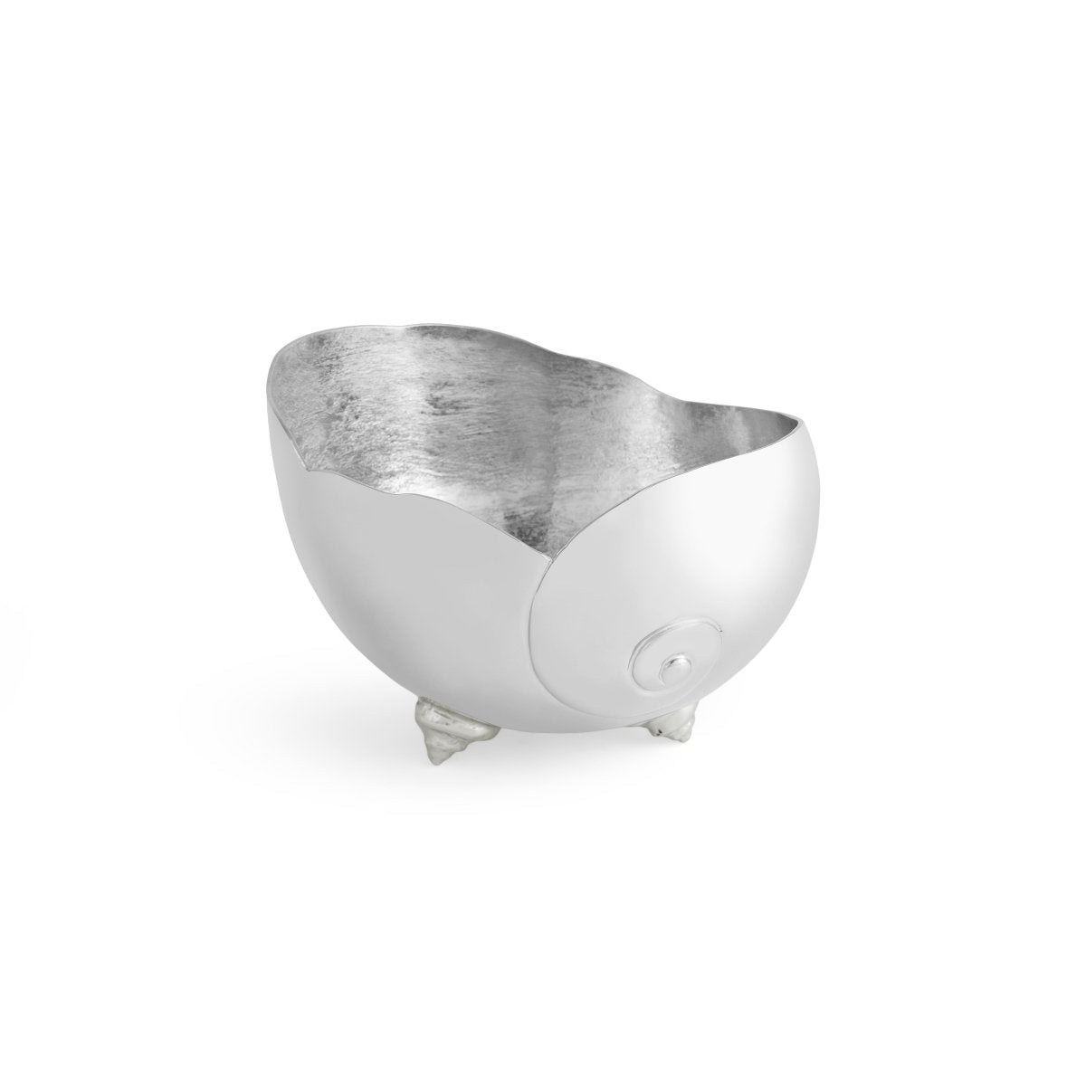 The Ocean Reef Serveware and Barware Collection by Michael Aram features a metallic, asymmetrical bowl with a coral-inspired textured interior, smooth exterior, and three small feet—ideal for serving bowls.