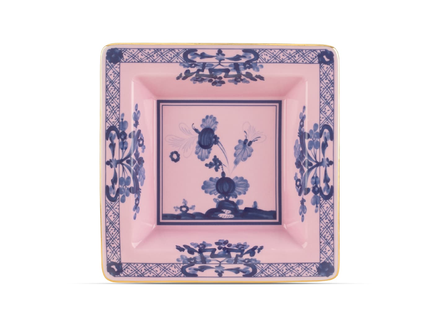 A square porcelain dish from Ginori 1735’s Oriente Italiano Azalea Serveware & Decor Collection, featuring a pink background, blue floral and bee motifs, and a slim gold rim—ideal for adding elegance to your home.