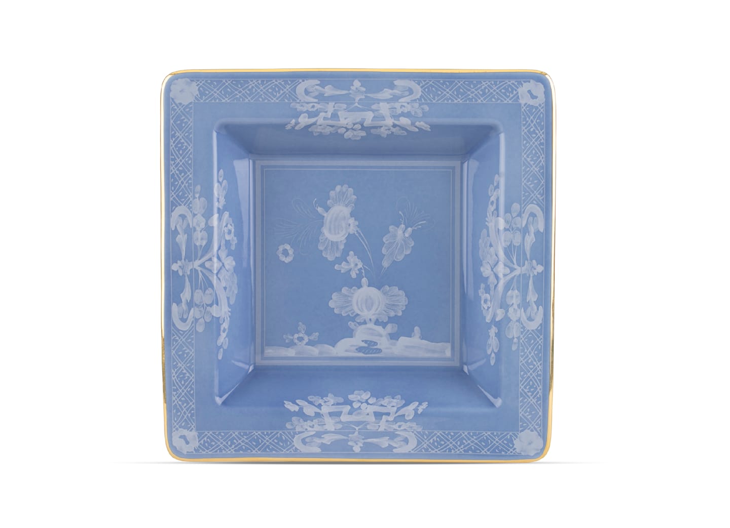 Square blue ceramic plate from the Oriente Italiano Pervinca Serveware & Decor Collection by Ginori 1735, featuring white floral patterns, a gold rim, and raised inner border, photographed on a white background.