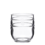 The Isabella Clear Acrylic Drinkware Collection by Juliska features clear tumblers with a rounded shape and two textured horizontal bands—perfect for entertaining or adding flair to your bohemian glassware.