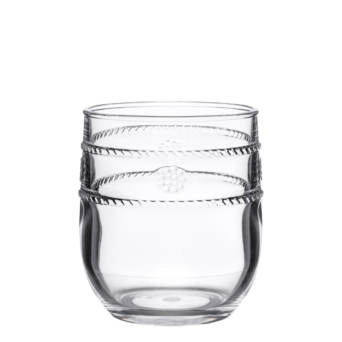 A clear acrylic tumbler with decorative ridges and a textured pattern around the top half, perfect for the Juliska Isabella Clear Acrylic Collection.