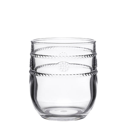 The Isabella Clear Acrylic Drinkware Collection by Juliska features clear tumblers with a rounded shape and two textured horizontal bands—perfect for entertaining or adding flair to your bohemian glassware.