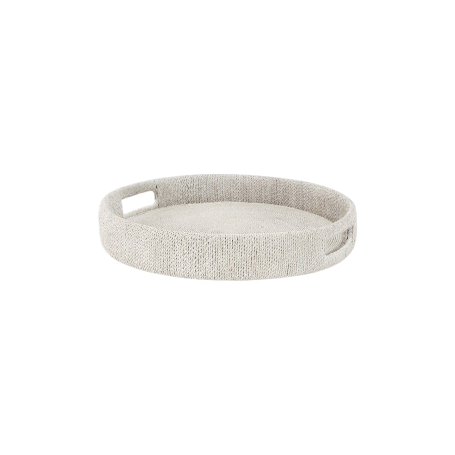The Monarch Round Tray Collection by PALECEK features a round, light beige seagrass rope tray with two rectangular cut-out handles and a sturdy metal frame, shown on a plain white background.