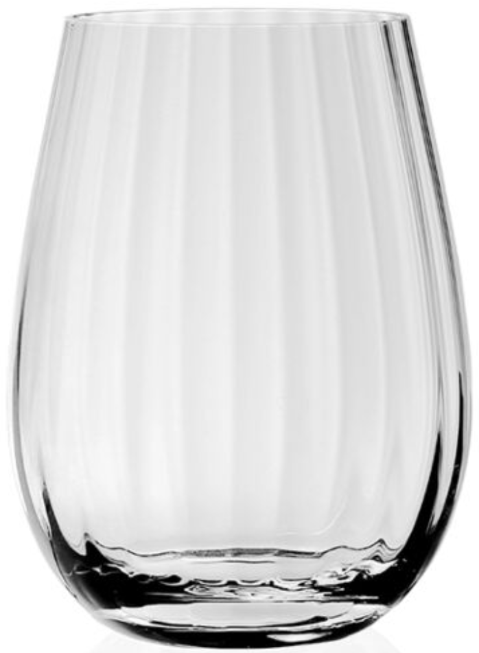 A clear, stemless wine glass from the Corinne Collection by William Yeoward Crystal, featuring a rounded, tapered shape and subtle vertical optic detailing, photographed against a plain white background.