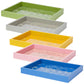 The Addison Ross Small Chinoiserie Tray Collection features five small rectangular trays in green, gray, yellow, pink, and blue with glossy lacquer finishes and delicate floral patterns, arranged in a staggered vertical display.