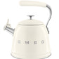 A white Smeg SMEG Whistling Kettle Collection stovetop kettle with a chrome spout and large capacity, featuring the brand name on the front and an ergonomic handle for comfortable pouring.