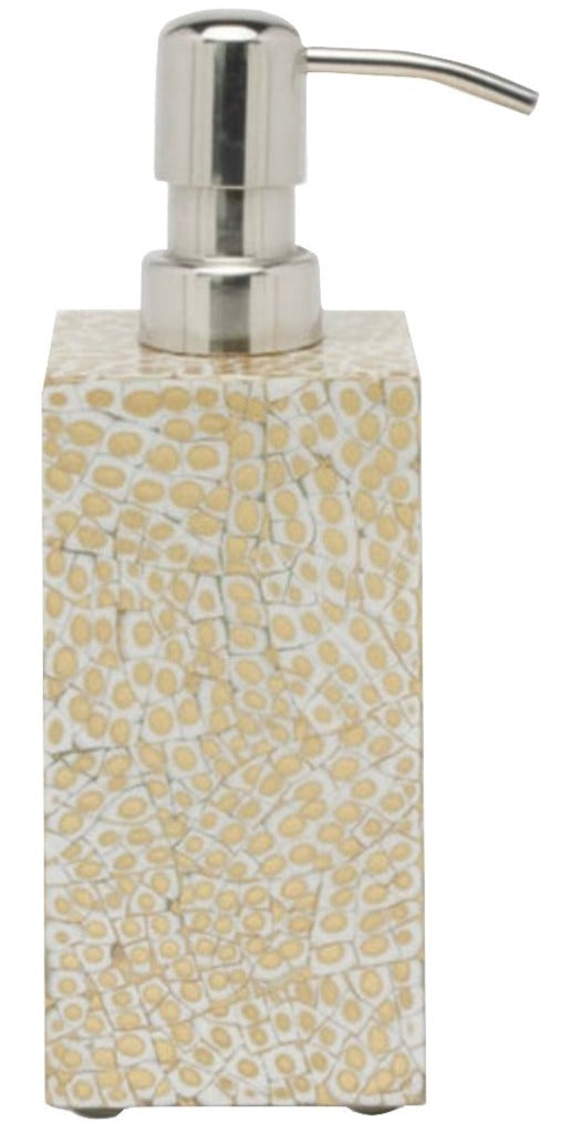 This rectangular soap dispenser from the Callas Bath Collection by Pigeon & Poodle features a silver pump and a beige and white textured mosaic design.