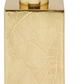 A gold, rectangular soap dispenser from the Pigeon & Poodle Mancora Bath Collection, featuring a textured leaf-like pattern and shiny finish with a metallic brass pump.