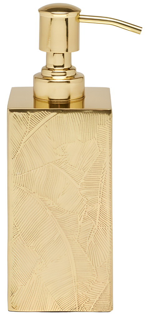 A gold, rectangular soap dispenser from the Pigeon & Poodle Mancora Bath Collection, featuring a textured leaf-like pattern and shiny finish with a metallic brass pump.