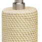The Dalton Bath Collection by Pigeon & Poodle features a soap or lotion dispenser with a stainless steel pump and a beige, handwoven rattan body, showcasing detailed craftsmanship for an elegant touch.