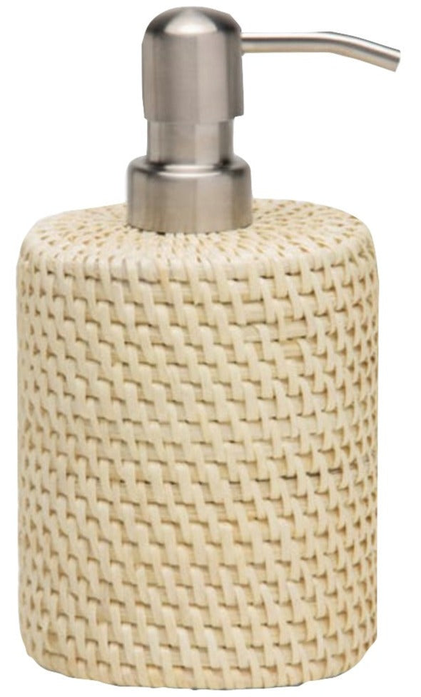The Dalton Bath Collection by Pigeon & Poodle features a soap or lotion dispenser with a stainless steel pump and a beige, handwoven rattan body, showcasing detailed craftsmanship for an elegant touch.