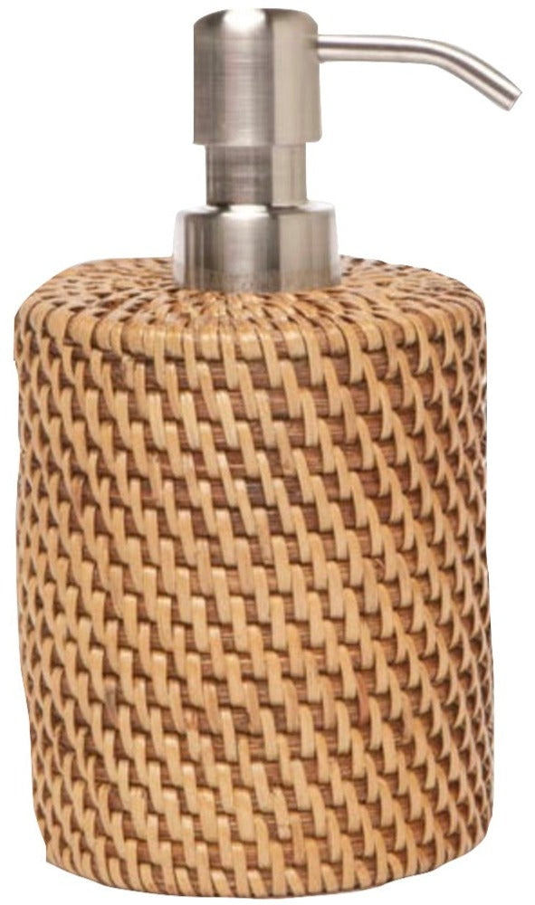 The Dalton Bath Collection by Pigeon & Poodle features a liquid soap dispenser with a handmade rattan-style brown base and a sleek silver pump.