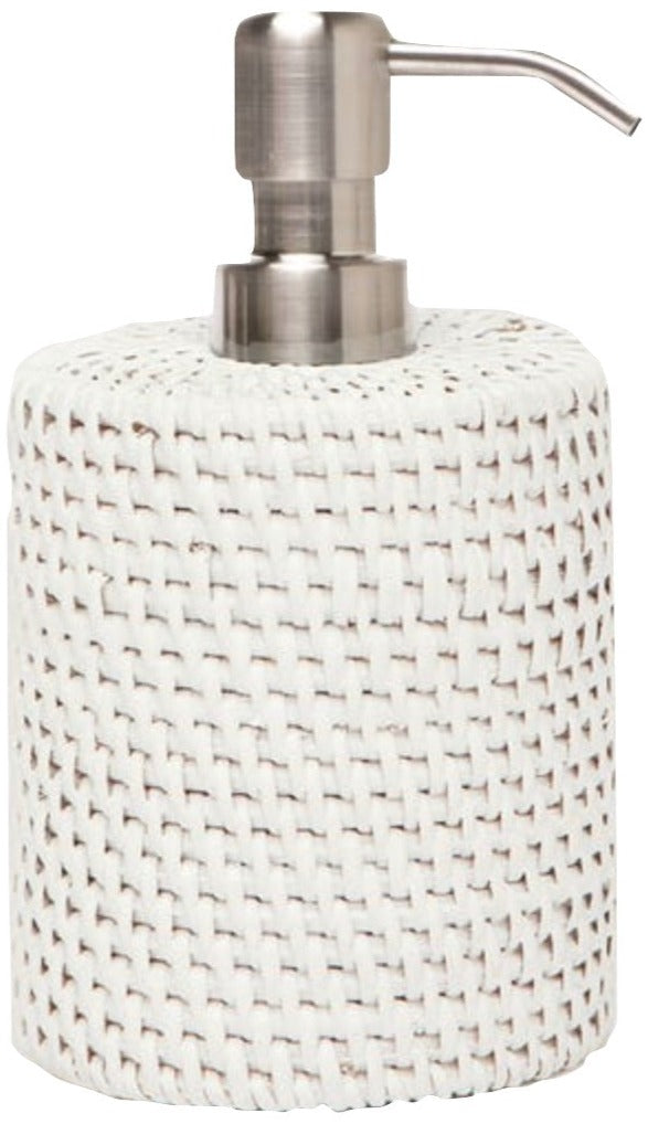 The Dalton Bath Collection by Pigeon & Poodle features a soap dispenser with a woven white cover, detailed craftsmanship, and a metallic pump.