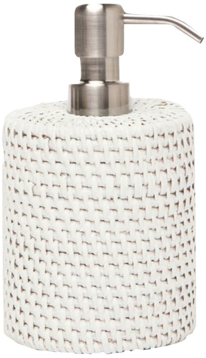 The Dalton Bath Collection by Pigeon & Poodle features a soap dispenser with a woven white cover, detailed craftsmanship, and a metallic pump.