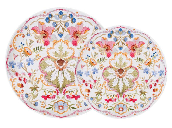 Two intricately designed round floral platters from the Juliska Sofia Melamine Collection, produced by Juliska, feature a white background adorned with colorful flowers and ornate patterns in pink, blue, green, and yellow. These shatterproof dinner plates evoke the charm of a fantasy garden.