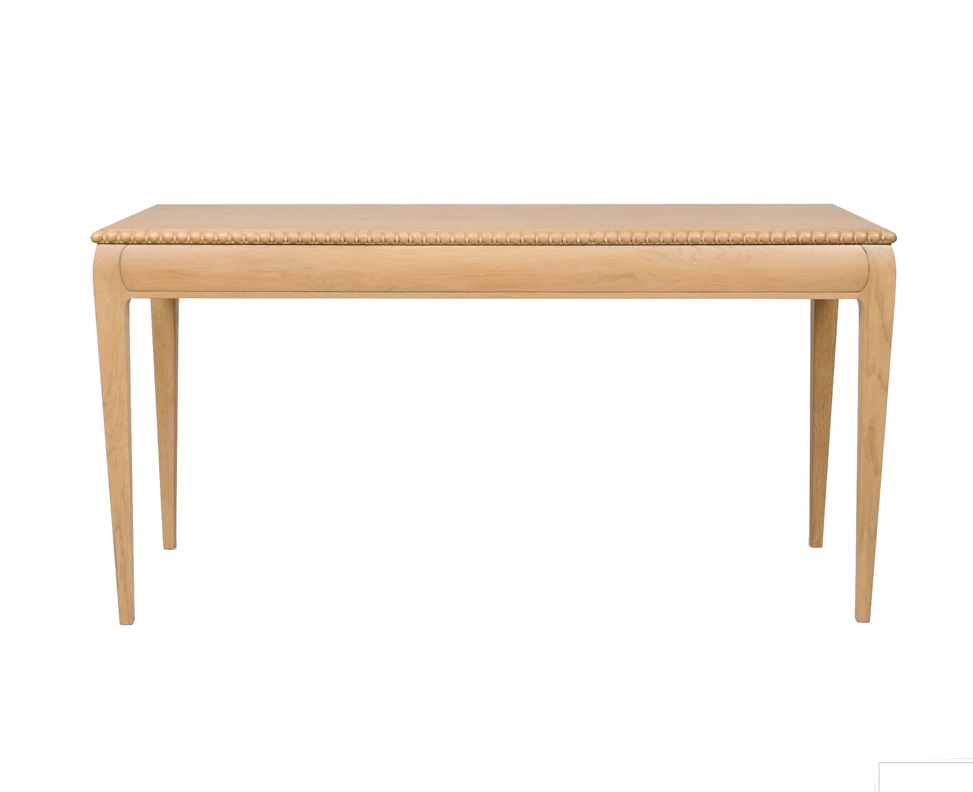 The Sofia Desk by Bunny Williams features a rectangular grey-washed oak design with four straight legs and decorative beading along the tabletop edge.