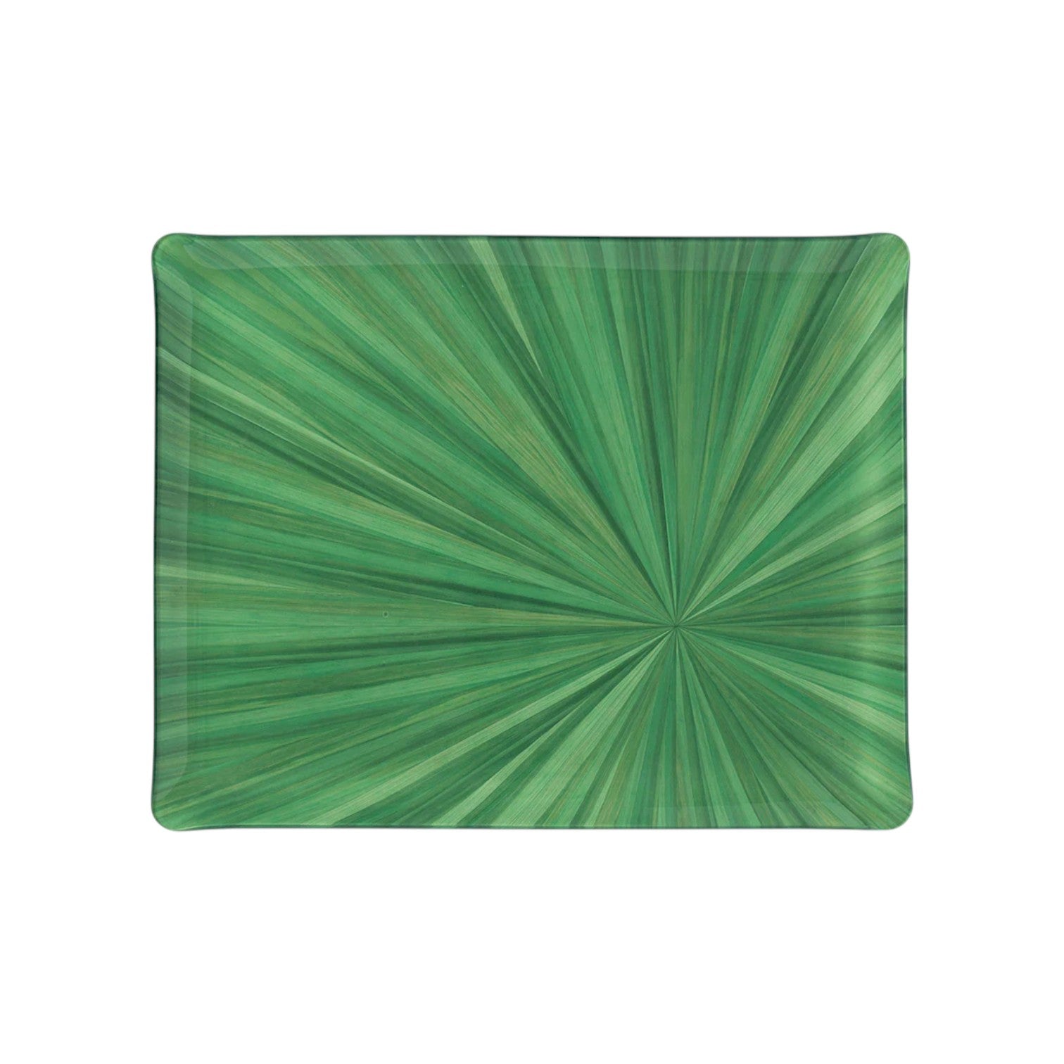 Rectangular tray from HestiaLiving’s Soleil Tribeca Collection, featuring a green sunburst design with palm-inspired leaves on a white background—ideal for elevating your table setting.