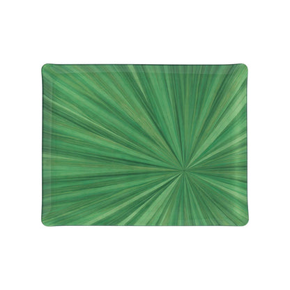 Rectangular tray from HestiaLiving’s Soleil Tribeca Collection, featuring a green sunburst design with palm-inspired leaves on a white background—ideal for elevating your table setting.