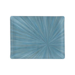 The Soleil Tribeca Collection rectangular tray by HestiaLiving features a blue radial sunburst on white, perfect for brightening any table setting.
