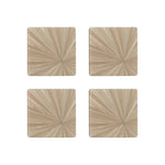 Four square tiles from HestiaLiving's Soleil Tribeca Collection, featuring a beige sunburst design, are displayed in a two-by-two grid on a white background.