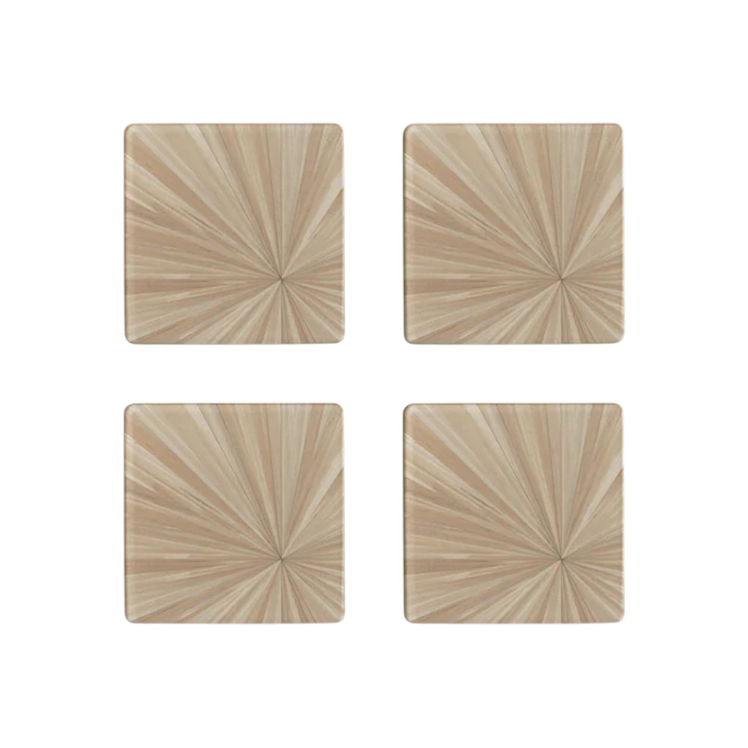 Four square tiles from HestiaLiving's Soleil Tribeca Collection, featuring a beige sunburst design, are displayed in a two-by-two grid on a white background.