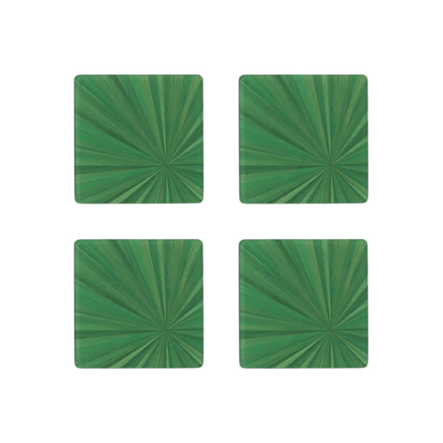 Four green square coasters from the HestiaLiving Soleil Tribeca Collection, featuring a radiant sunburst design, are arranged in a 2x2 grid on a white background—perfect for enhancing any table setting.