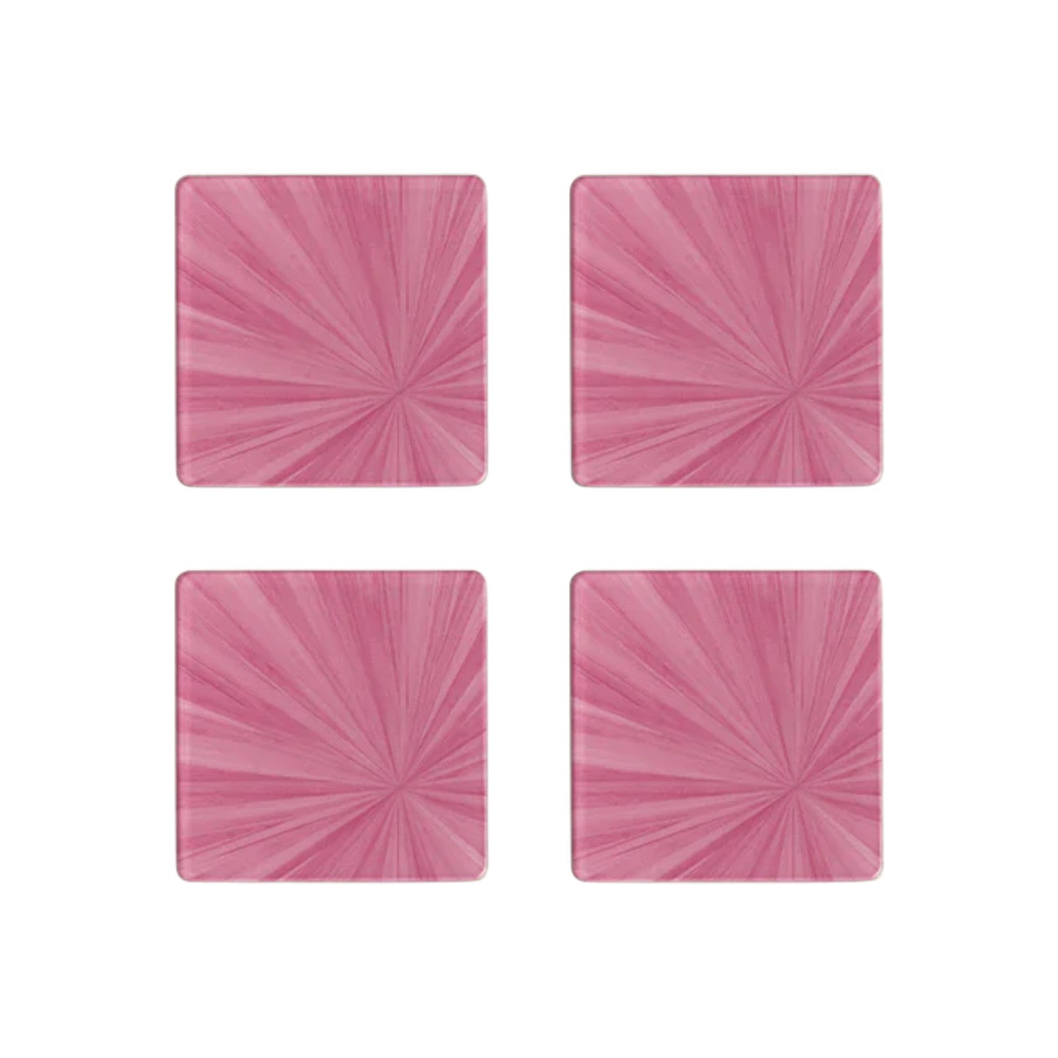 Four Soleil Tribeca Collection tiles by HestiaLiving, featuring a pink sunburst design, are arranged in a 2x2 grid on a white background.