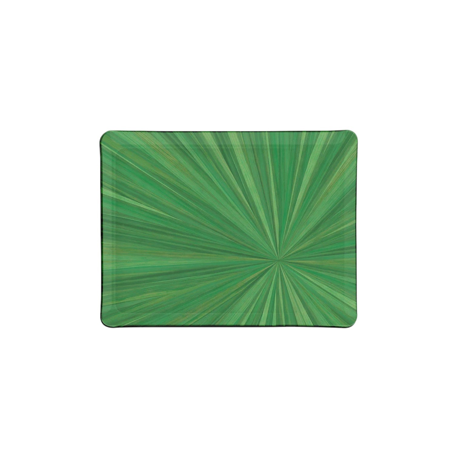 The HestiaLiving Soleil Tribeca Collection rectangular tray features a green sunburst design inspired by palm leaves, perfect for elevating your table setting. Shown on a white background.
