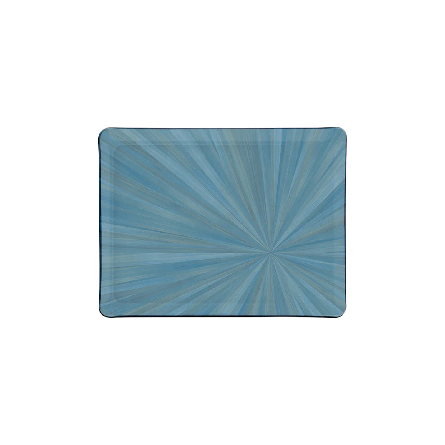 Rectangular tray from HestiaLiving's Soleil Tribeca Collection featuring a blue sunburst design, displayed from above and centered on a white background.