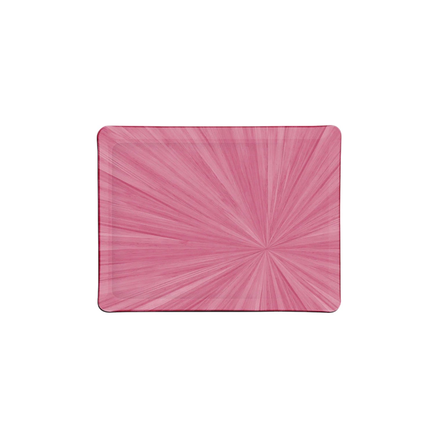 The HestiaLiving Soleil Tribeca Collection rectangular tray features a vibrant pink sunburst design on white, viewed from above—ideal for brightening any table setting.